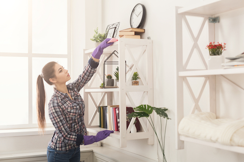 Woman cleaning dust from bookshelf. Young girl sweeping shelf